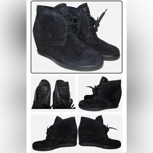 PRADA women’s dessert black Suede Lace Up Wedge Booties ankle boots Size 8.5